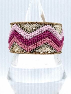 Pink Glass Seed Bead Chevron Pattern Cuff Bracelet Jewelry